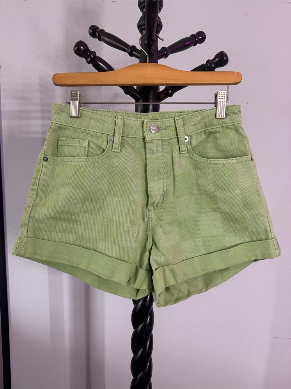 wild fable Light Green Checkerboard Cuffed Denim Shorts 18.2.B1